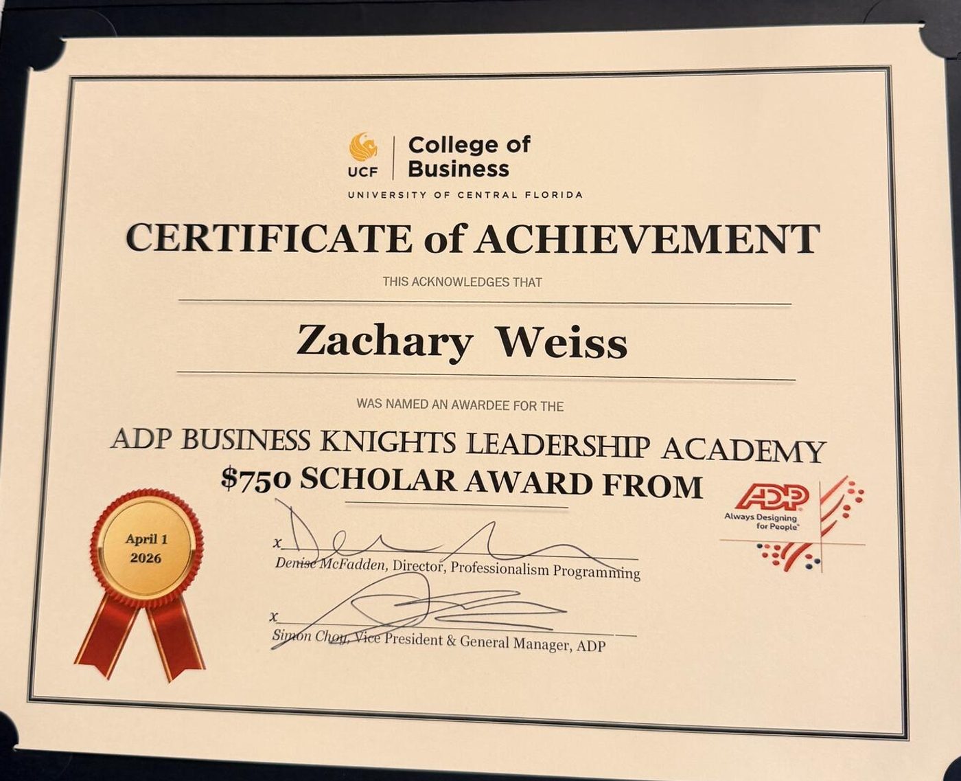 ADP Business Knights Leadership Academy $750 Scholar Award certificate for Zachary Weiss