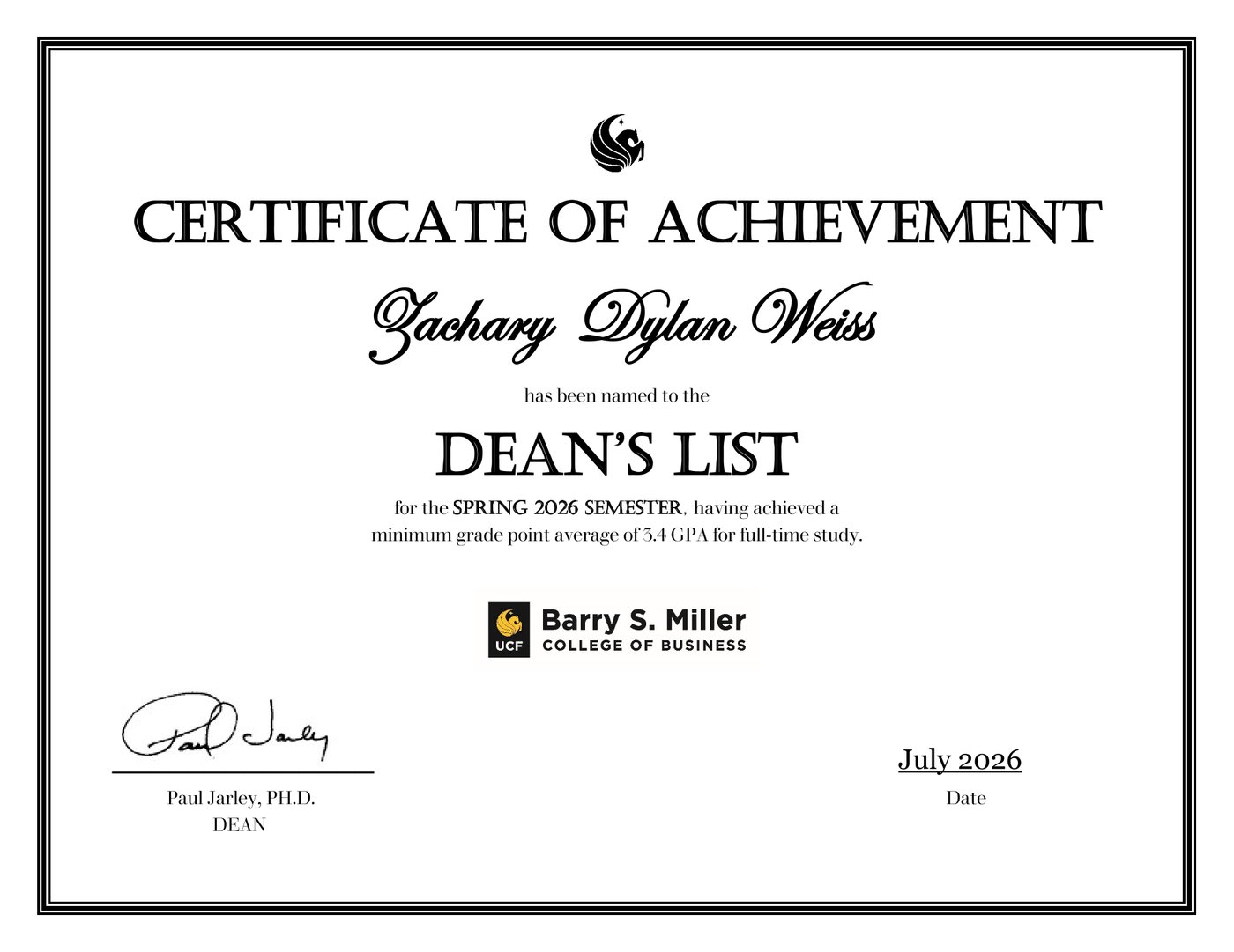 Dean's List certificate for the Spring 2026 semester, Barry S. Miller College of Business