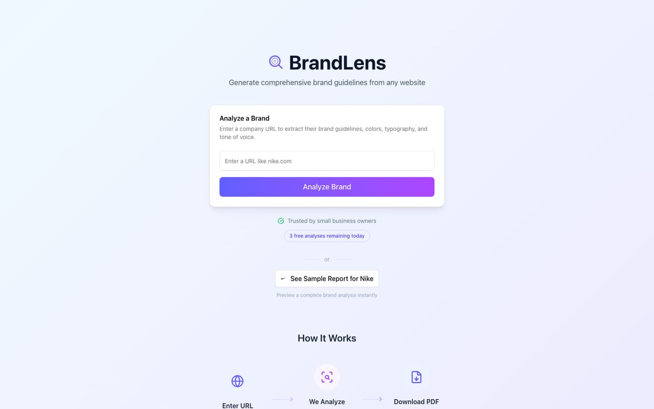 BrandLens web app generating a brand guide